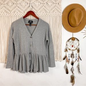 The Moon Peplum Waffle Knit Button Front Grey Long Sleeve Top Size Medium